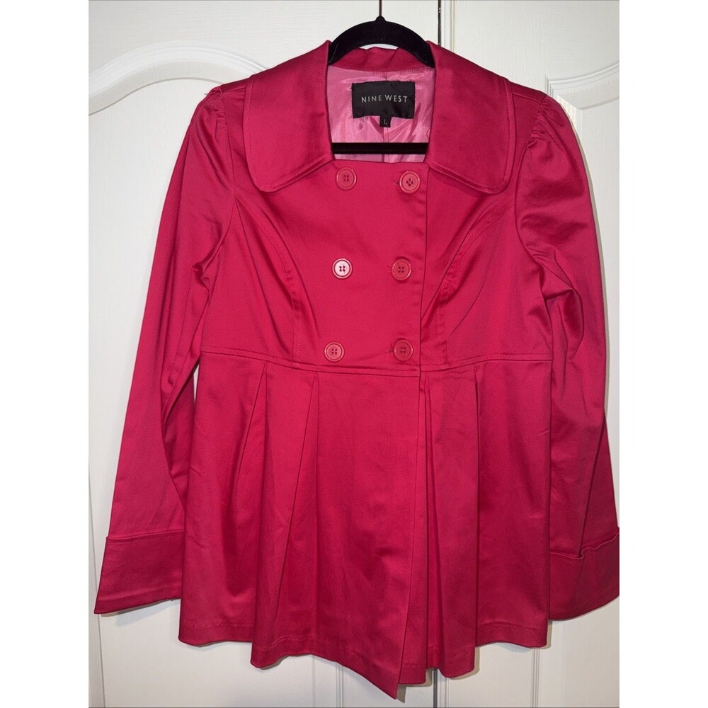 VTG Nine West Women Business Casual Jacket Pleats Fuchsia Pink L Cotton Made USA